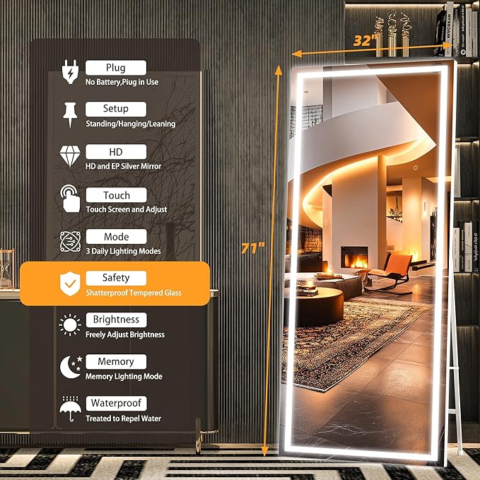 Hasipu Full Length Mirror with Lights, 71" x 32" LED Lighted Floor Standing, Full Body Dressing Hanging Mounted Mirror, Dimmable, Tempered Glass, Safe to Use, Square White-DeskLoop Office