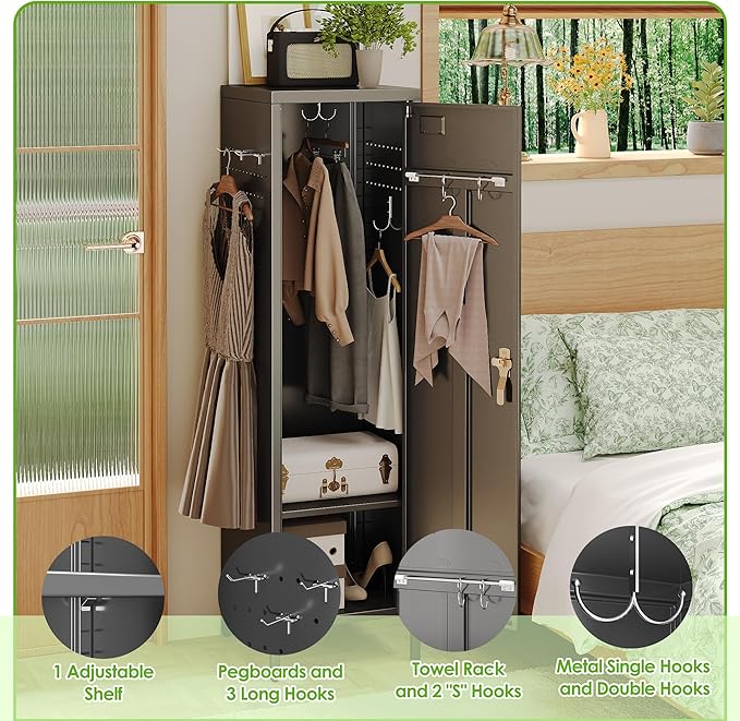 Aobabo Metal Storage Locker with Handle Lock, 54" H Steel Locker with Metal Hooks and Adjustable Shelf for School, Home, Office, Playroom, Assembly Required, Black-DeskLoop Office