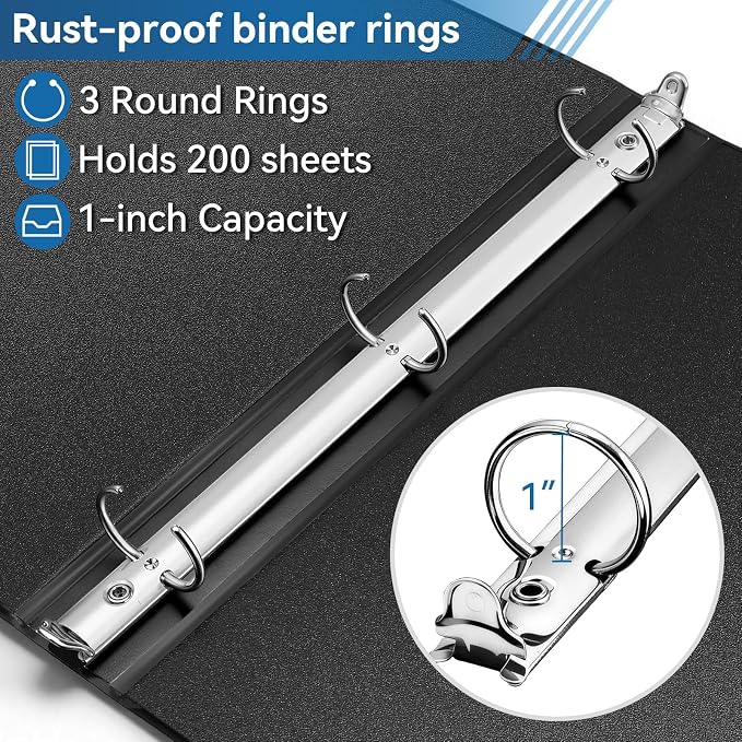 SUIN 1-inch 3 Ring Binder with 2 Interior Pockets, and School Use, 6 Pack Black - Image 3