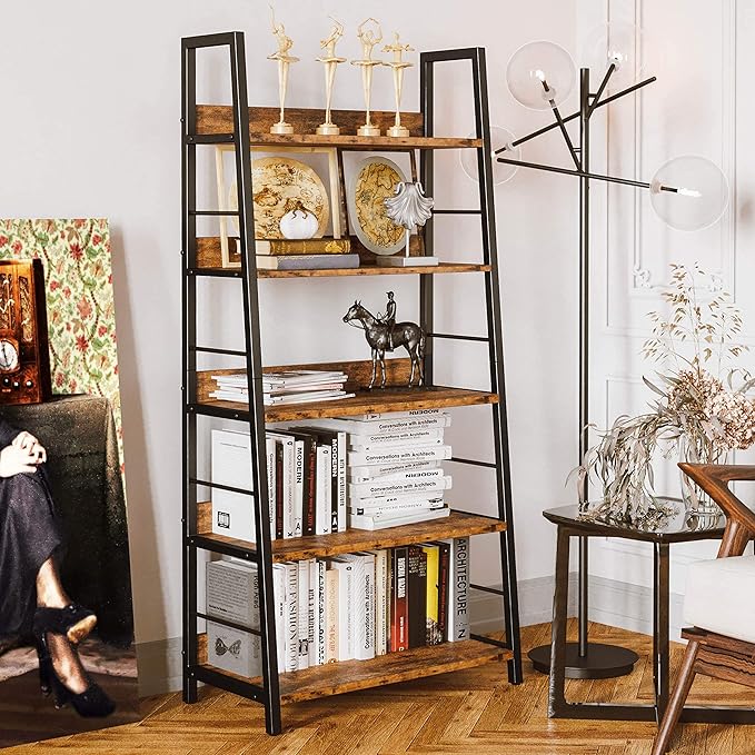 IRONCK Industrial Bookshelves and Bookcases, Ladder Shelf 5 Tiers with Metal Frame for Living Room, Home Office, Rustics Brown-DeskLoop Office