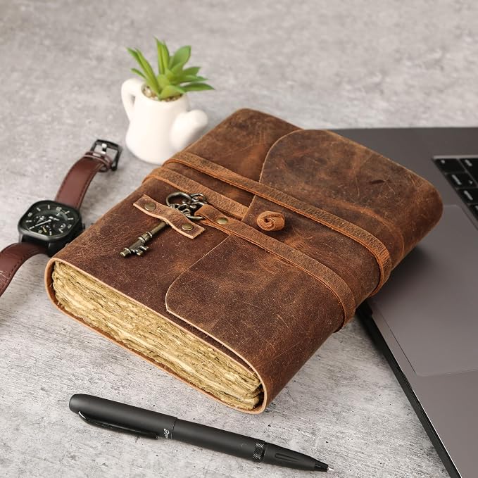 Leather Journal with Deckle Edge Paper 8x6 inch and Vintage Key | Handmade - Image 4