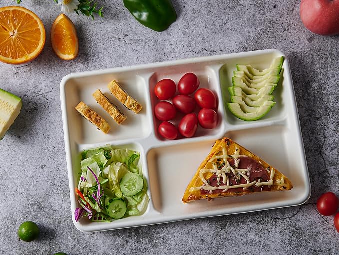Vplus 100% Compostable 5 Compartment Paper Plates, 100 Pack, 12.5 x 8.6 inch - Image 4
