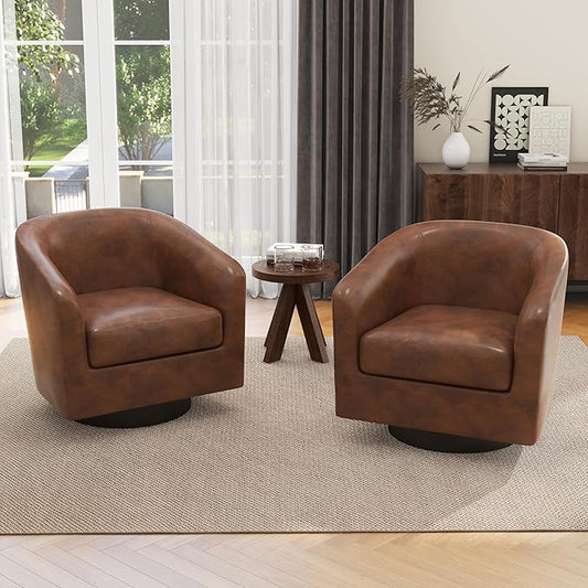 UIXE Faux Leather Swivel Accent Chairs Set of 2, Modern Upholstered Barrel Chairs for Living Room, Comfy Round Armchair Single Sofa Bedroom Reading Seat - 31" W, Coffee-DeskLoop Office