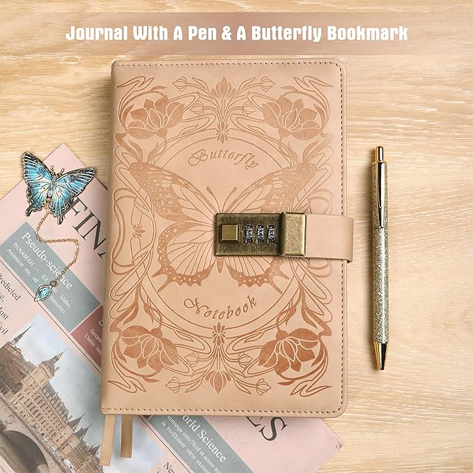 TIEFOSSI Diary with Lock for Women Girls, Lined Locked Journal, Butterfly Journal Notebook with Pen and Bookmark, A5 Refillable Locking Journals for Writing, 224 Numbered Pages-DeskLoop Office