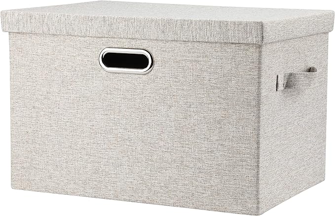 Large 17 36 Quart Collapsible Stackable Storage Bins with Lids, 1 Pack Beige Foldable Fabric Closet Storage Boxes with Lids, 4 Handles Toy Heavyduty Dark Gray Linen Storage Cube Box-DeskLoop Office