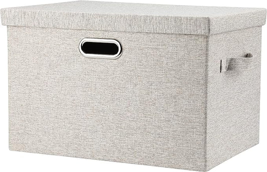 Large 17 36 Quart Collapsible Stackable Storage Bins with Lids, 1 Pack Beige Foldable Fabric Closet Storage Boxes with Lids, 4 Handles Toy Heavyduty Dark Gray Linen Storage Cube Box-DeskLoop Office