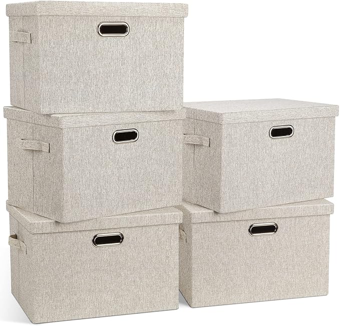 Large 17" 36 Quart Collapsible Stackable Storage Bins with Lids, 5 Packs Beige Linen Fabric Closet Boxes with Lids, Storage Cube Baskets Container Organizers for Bedroom Office(17 x12 x11)-DeskLoop Office