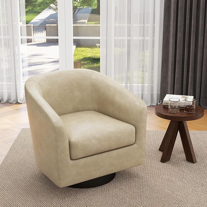 UIXE Faux Leather Swivel Accent Chair with Wood Base, Modern Upholstered Barrel Chairs for Living Room, Comfy Round Armchair Single Sofa Bedroom Reading Seat - 31" W, Cream-DeskLoop Office