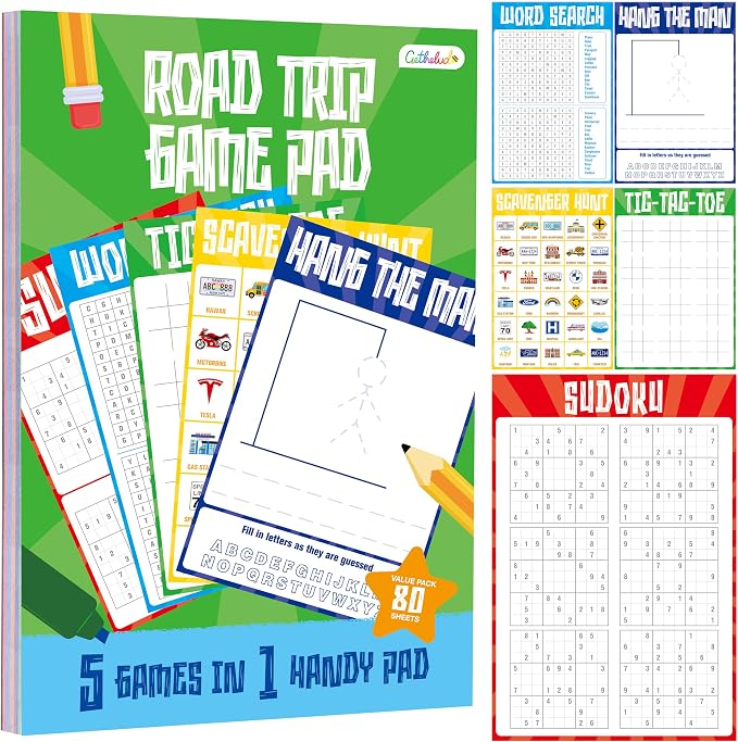 Road Trip Game Pad, 80 Perforated Sheets Travel Activity Pad, 5 Games in 1 Pad by Gethelud