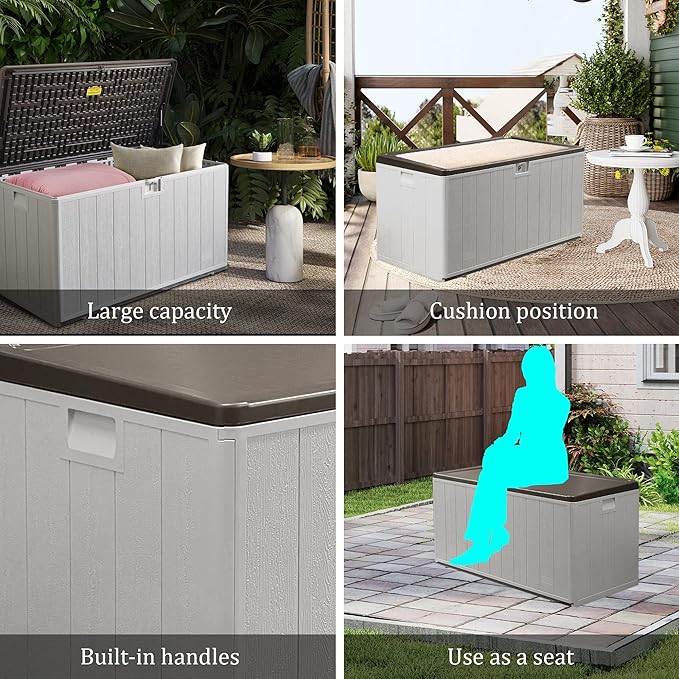 110 Gallon Pro Outdoor Storage Box Waterproof Lockable Deck Box Large, Patio Storage Bin for Pool Accessories Cushion Furniture, Garden Tools, UV-Resistant Outside Delivery, Grayish Brown-DeskLoop Office