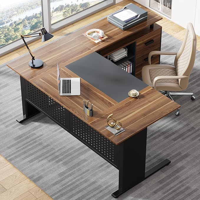 Tribesigns 63 Inch Executive Desk with File Cabinet, Large Office Desk L Shaped Computer Desk with Drawers and Storage Shelves, Business Furniture Desk Workstation for Home Office, Brown and Black-DeskLoop Office