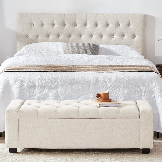 48" Ottoman with Storage, Storage Ottoman Bench with Safety Hinge, Upholstered Entryway Bench with Seating for Bedroom, Living Room, Holds up to 330 lb, Beige-DeskLoop Office