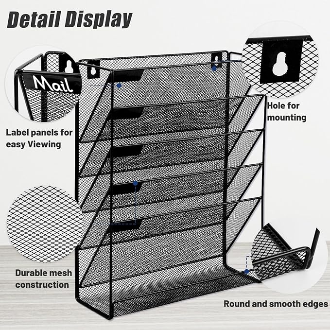 EASEPRES 6 Tier Mesh Hanging Wall File Organizer, Desk Mail Paper Document Folder Holder, Clipboard Storage Organization Magazine Rack with Bottom Tray and Nametag Label for Office Home School, Black-DeskLoop Office