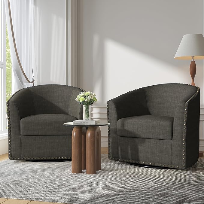 UIXE 360° Swivel Barrel Accent Chair Set of 2, Modern Upholstered Arm Chair Round Club Armchair, Nailhead Trim Single Sofa Seating in Fabric for Living Room - Gray-DeskLoop Office
