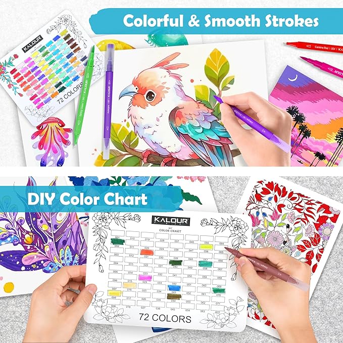 KALOUR 72 Art Markers Pens Set, Dual Tip Brush and Fine Point, Color Number and Name, Zipper Case, Adult Coloring, Lettering, Drawing-DeskLoop Office