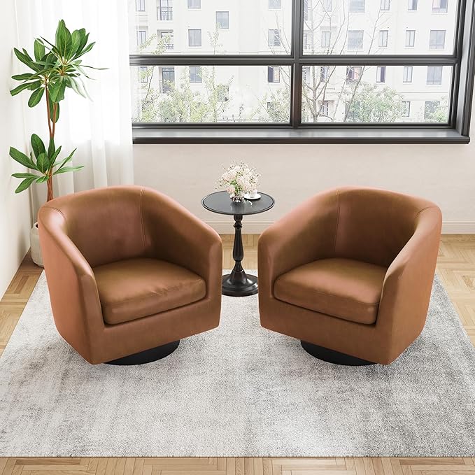 UIXE Faux Leather Swivel Accent Chairs Set of 2, Modern Upholstered Barrel Chairs for Living Room, Comfy Round Armchair Single Sofa Bedroom Reading Seat - 31" W, Brown-DeskLoop Office
