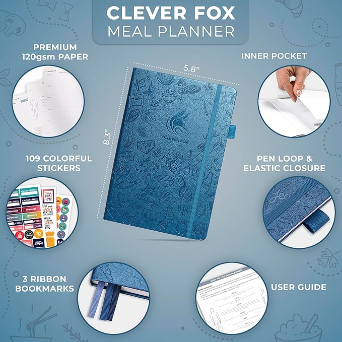 Clever Fox Weekly Meal Planner - Weekly & Daily Meal Prep Journal with Shopping and Grocery Lists for Menu Planning, Healthy Diet & Weight Loss Tracking, Lasts 1 Year, Undated, A5 - Mystic Blue-DeskLoop Office