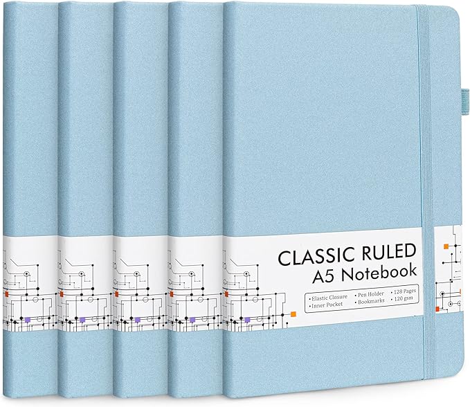 feela 5 Pack Notebooks Journals Bulk, Hardcover Notebook Classic Ruled Lined Journals with Pen Holder for Women Girls School Business Supplies, with 5 Black Pens, 120 GSM, 5.1”x8.3”, A5, Light Blue-DeskLoop Office