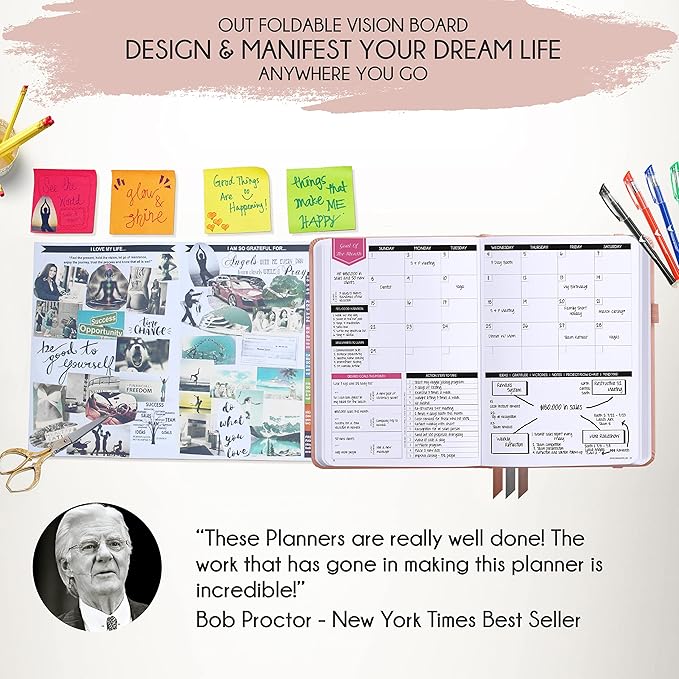 Law of Attraction Planner – Undated Hourly, Weekly & Monthly Goal Setting Planner, 12-Month to Increase Productivity | Life & Gratitude Journal, Include Foldable Vision Board, Gift Box & Stickers-DeskLoop Office