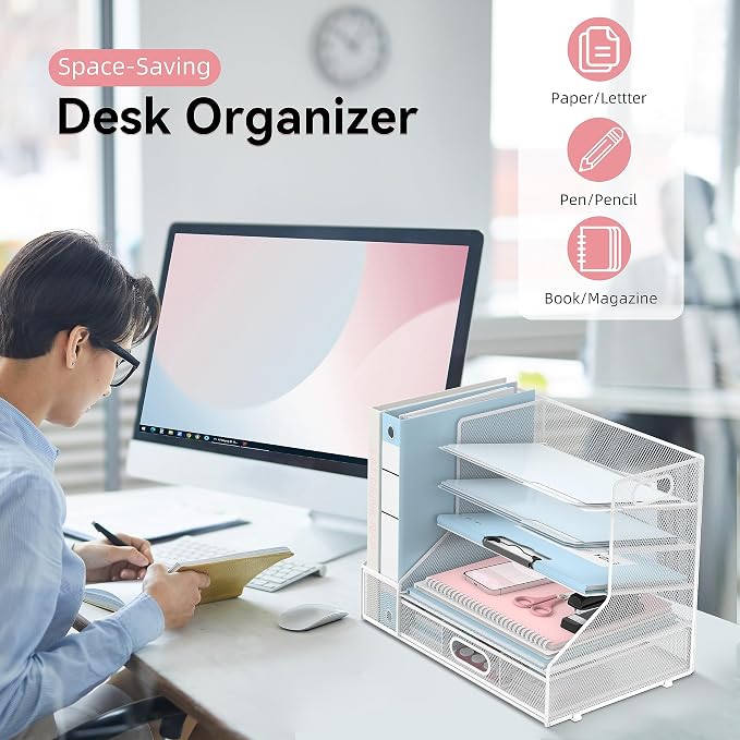 SUPEASY Desk Organizer with File Holder, 5-Tier Mesh Paper Letter Tray and 3 - Image 6