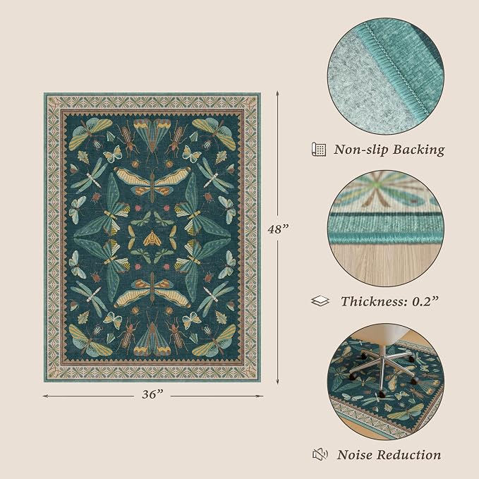 3'x4' Teal Office Chair Mat for Hardwood Floors, Insect Boho Design, Non-Slip - Image 2