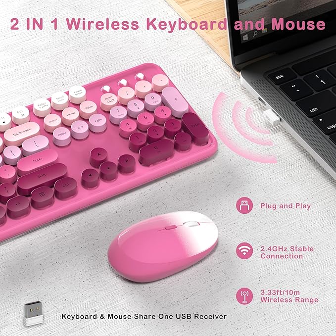 Colorful Wireless Keyboard and Mouse Combo, COVEVA 2.4GHz Wireless Retro Cute Round Keycaps Keyboard, 104 Keys Full-Sized Keyboard Mouse Set with Switch Button for PC Laptop Desktop (Pink Gradient)-DeskLoop Office