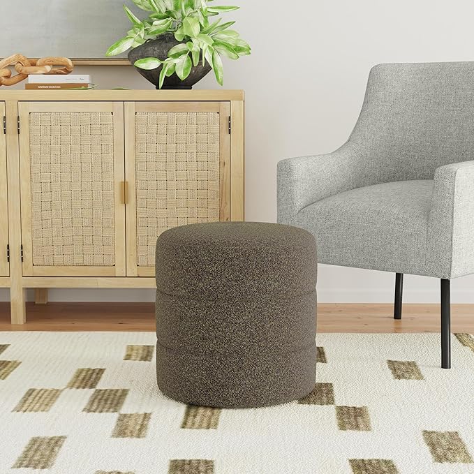 HomePop Upholstered Round Ottoman Home Décor|Foot Rest Ottoman - Dark Brown Boucle-DeskLoop Office