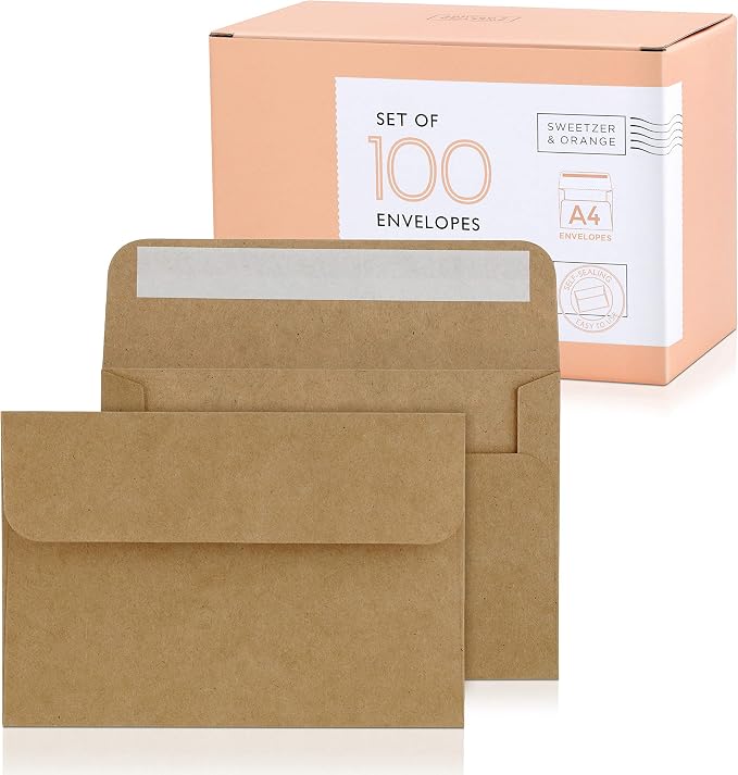 Sweetzer & Orange A4 Brown Self Seal Envelopes, 100 Pack, 4x6 Inches, Kraft by SweetzerOrange