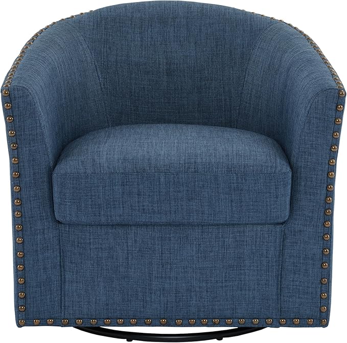 UIXE 360° Swivel Barrel Accent Chair, Modern Upholstered Arm Chair Round Club Armchair, Nailhead Trim Single Sofa Seating in Fabric for Living Room - Blue-DeskLoop Office