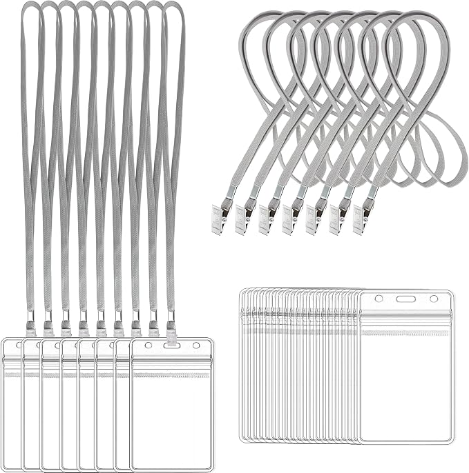 100Pcs Clear Plastic Name Tags Badge ID Card Holders and 100Pcs Black Lanyards by LOCONHA
