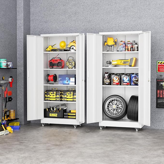 Greenvelly 73" Metal Storage Cabinet with Wheel and Pegboard, Lockable White Metal Garage Cabinets with 2 Doors and 4 Adjustable Shelves, Rolling Steel Tool Cabinet for Garage, Home Office, School-DeskLoop Office