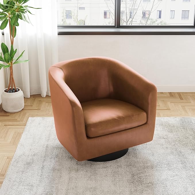 UIXE Faux Leather Swivel Accent Chair with Wood Base, Modern Upholstered Barrel Chairs for Living Room, Comfy Round Armchair Single Sofa Bedroom Reading Seat - 31" W, Brown-DeskLoop Office