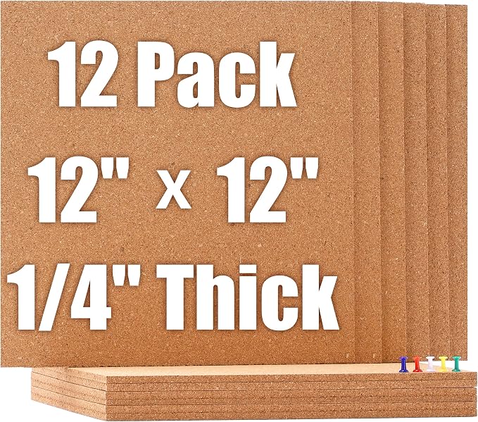 SUNGIFT Cork Board 12"x12" -12 Pack Bulletin Boards 1/4" Thick Square by SUNGIFT