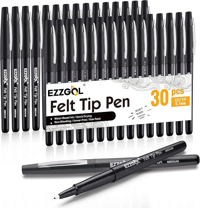 Ezzgol Black Felt Tip Pens, 30 Pack, 0.7mm Premium Medium Fine Point, Felt Tip by Ezzgol