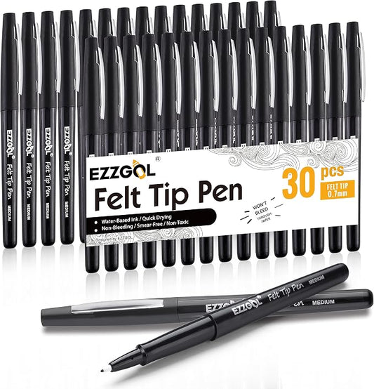 Ezzgol Black Felt Tip Pens, 30 Pack, 0.7mm Premium Medium Fine Point, Felt Tip by Ezzgol
