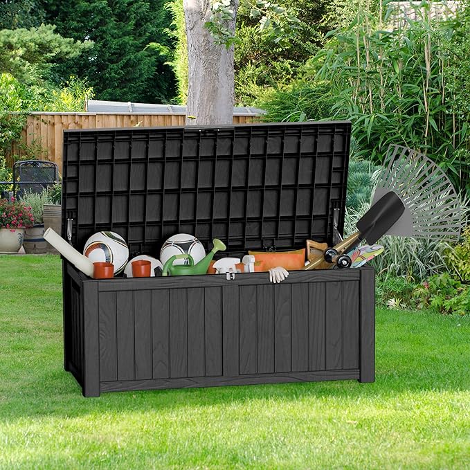 150 Gallon Outdoor Storage Box Patio Deck Box Waterproof, Resin Lockable Outside Large Storage Bin for Pool Cushion Furniture, Garden Tools UV-Resistant, Black-DeskLoop Office