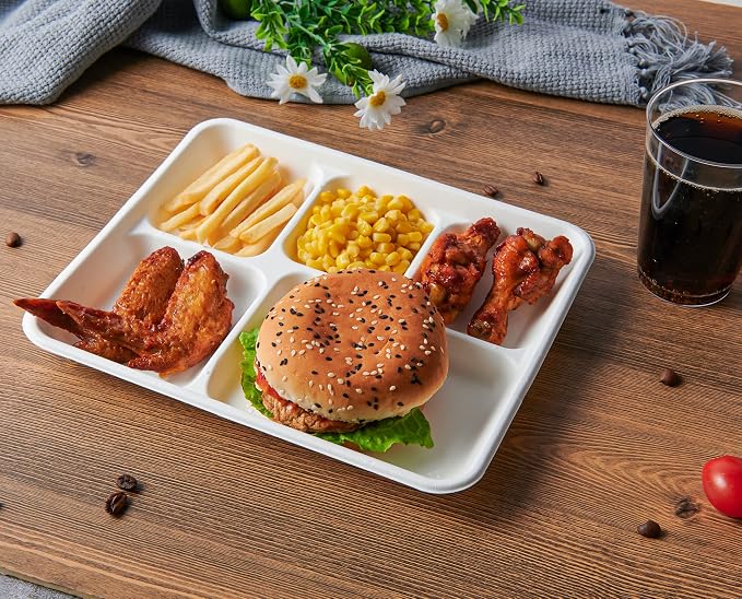 Vplus 500 Pack 5 Compartment Plates, 100% Compostable Paper Plate, 10.25x8.5 - Image 2