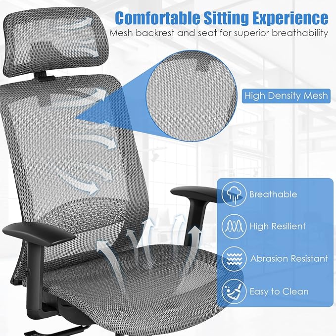 POWERSTONE Ergonomic Mesh Office Chair - High Back Computer Desk Tilt Lock Mesh Seat with Lumbar Support and Clothing Hanger, Executive Swivel Mesh Chair with Adjustable Arms and Headrest (Grey)-DeskLoop Office