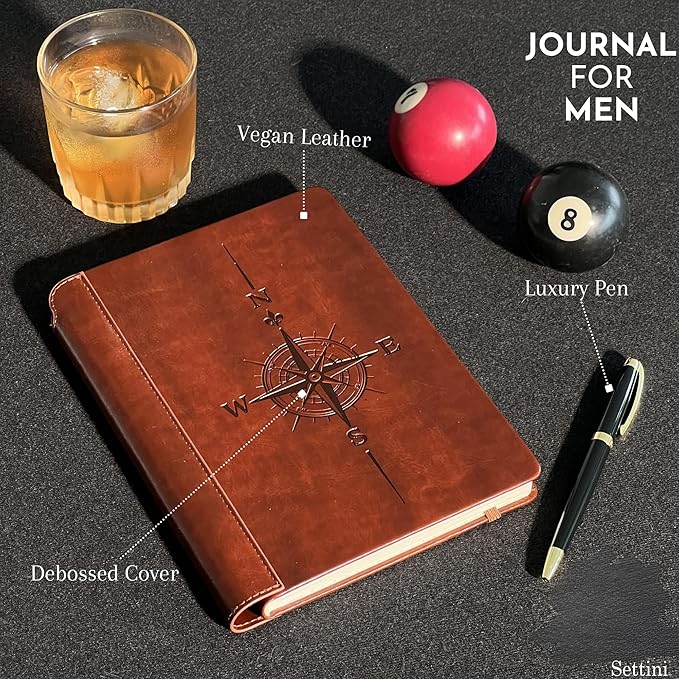 SETTINI® Lined Journal - Compass Journal for Writing Gift Set - Hardcover Vegan Leather, Includes Luxury Pen in a Unique Pen Holder, 192 Pages, 6 x 8.5 inches, Birthday Gift-DeskLoop Office