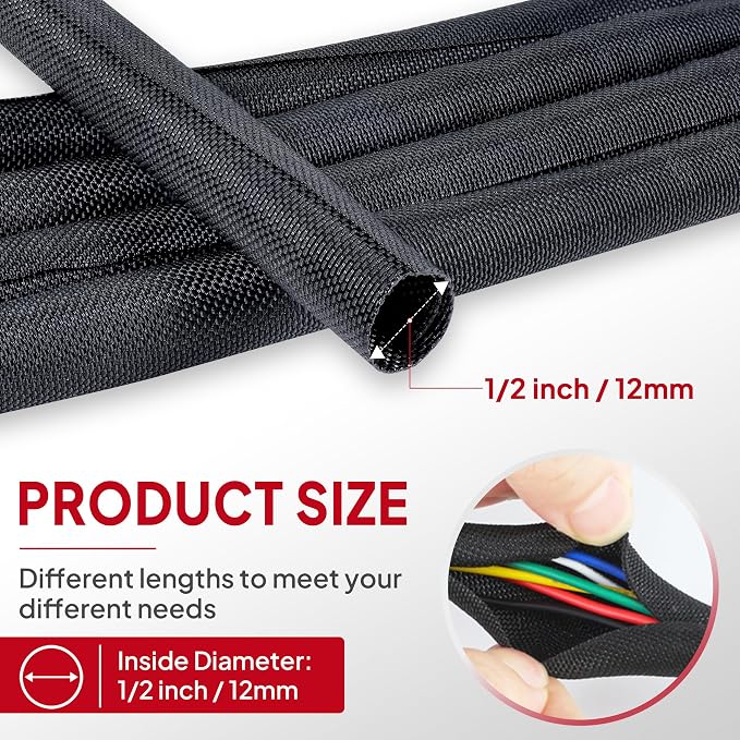 Black Braided Cable Management Sleeves Wire Loom Tubing Cord Protector - Image 2