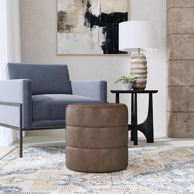 HomePop Upholstered Faux Leather Round Ottoman Home Décor|Foot Rest Ottoman- Brown Faux Leather-DeskLoop Office