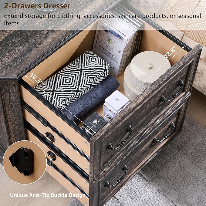 T4TREAM 2 Drawer File Cabinet-30 Wide Wooden Extended Desktop, Farmhouse Filing Cabinet with Smooth Rails, Holds Letter/Legal/A4, Hexagonal Design & Framed Drawer Fronts, Dark Rustic Oak-DeskLoop Office