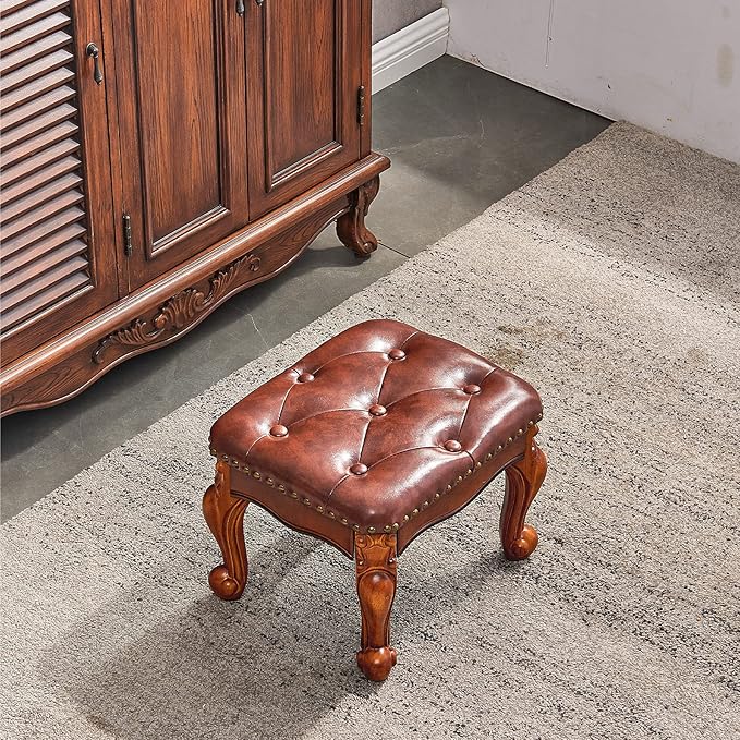 Foot Stool Ottoman Foot Rest Microfiber Leather Upholstered Footstool for Sofa, Living Room, Entryway, Solid Wood Stool (Light Brown)-DeskLoop Office