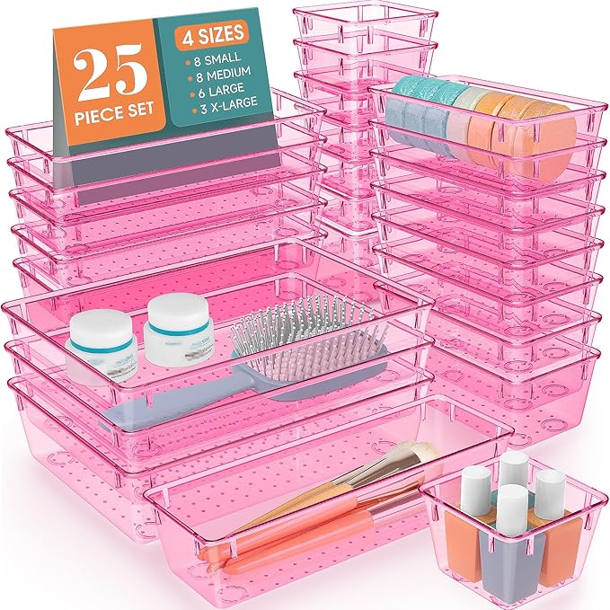 WOWBOX 25 PCS Plastic Drawer Organizer Set, 4 Sizes Desk Drawer Divider Organizers and Storage Bins for Makeup, Jewelry, Gadgets for Kitchen, Bedroom, Bathroom, Office, Clear Pink-DeskLoop Office