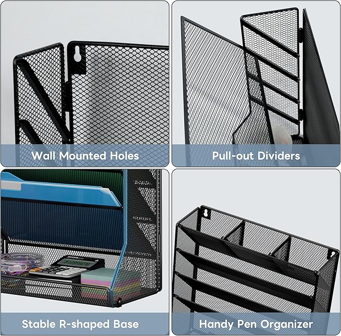 Jakyitvi Wall Mounted File Organizer, Metal Frame Mesh Desktop Sorter | 5-tier - Image 2