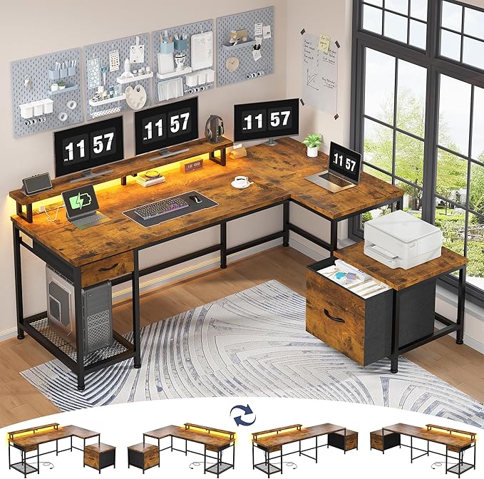 L Shaped Computer Desk with Drawers, Gaming Desk with LED Lights & Monitor Shelf, Office Desks with Power Outlets, Corner Desks for Home Office, Study Room and Bedroom, Rustic Brown-DeskLoop Office