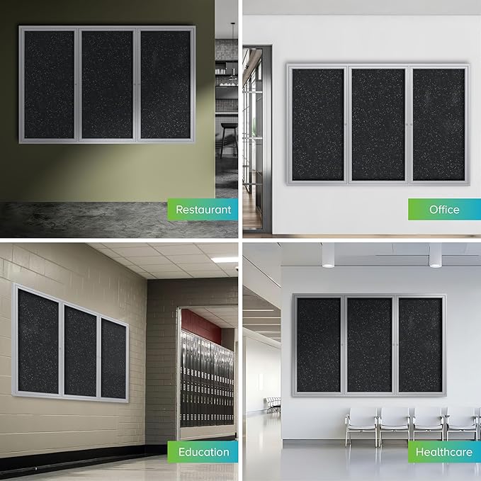 Ghent 48" x 96" 3-Door indoor Enclosed Recycled Rubber Bulletin Board, Shatter Resistant, with Lock, Satin Aluminum Frame,Confetti (PA34896TR-CF)-Made in USA-DeskLoop Office