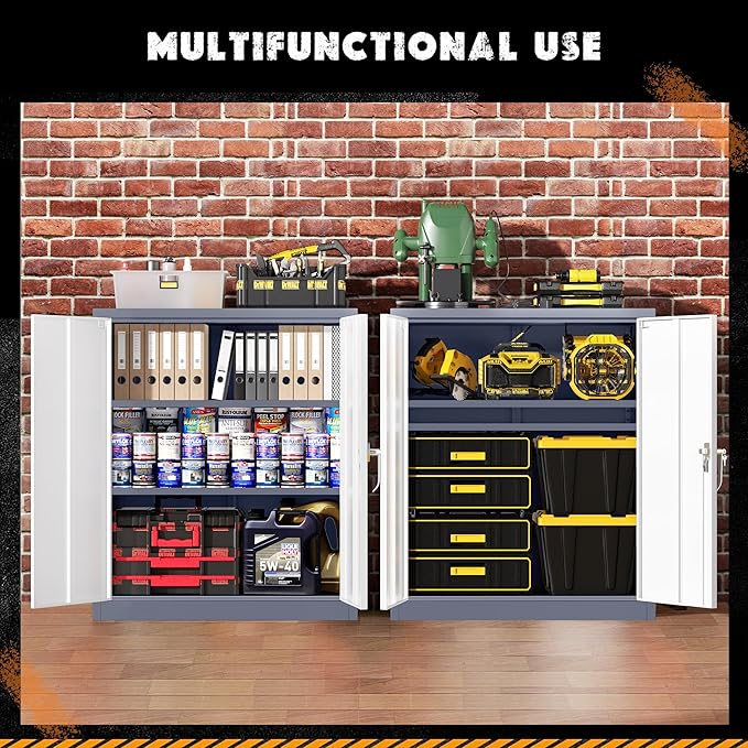 Greenvelly Metal Garage Storage Cabinet, Lockable Metal Cabinets with 2 Doors and Shelves,36”Steel Storage Locking Counter Cabinet for Office,Garage,Kitchen,Home,School(Grey White)-DeskLoop Office