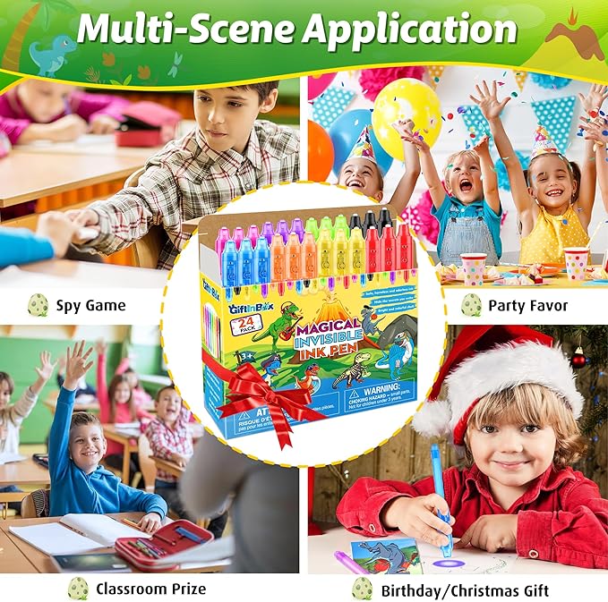 Invisible Ink Pens with UV light for Kids, Spy Pen Dinosaur Party Favors for Kids 8-12, 24Pack Invisible Ink Pen and Notebook, Magic Marker for Secret Message Birthday Party Favors for Kid 4-8-DeskLoop Office