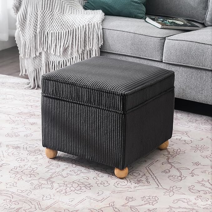 Adeco 17 Inch High Striped Flannel Black Cube Ottoman Storage, 3D Embossed Velvet Chair Foot Stools, Upholstered Vanity Stool with Hinged Lid, Solid Round Wood Legs-DeskLoop Office